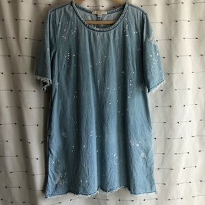 Forever 21 denim chambray style distressed paint splatter shift dress pockets XL